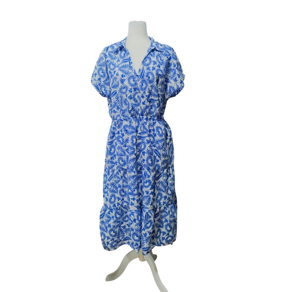 Ophelia Roe Eyelet Midi Dress Blue White Leaf Print Cottagecore Tradwife Size XL - Picture 13 of 13